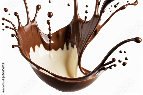 Splash of chocolate and white milk flow mixed on pure white background