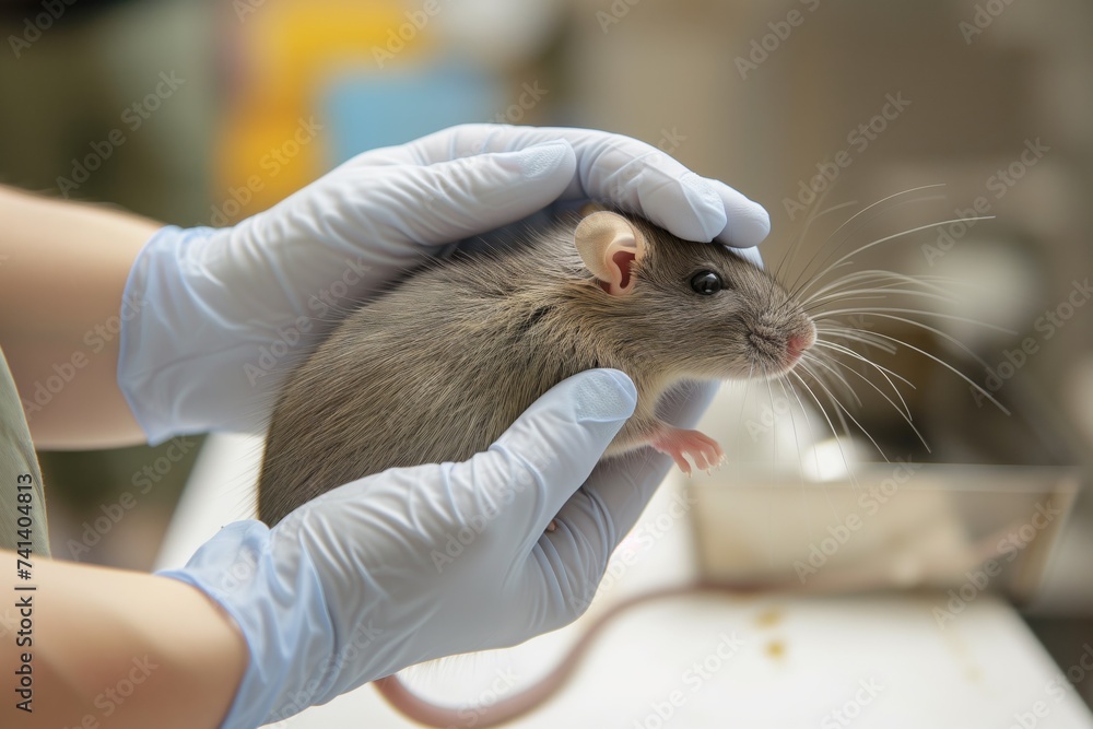 person wearing gloves handling a domestic rat for a veterinary check - obrazy, fototapety, plakaty 