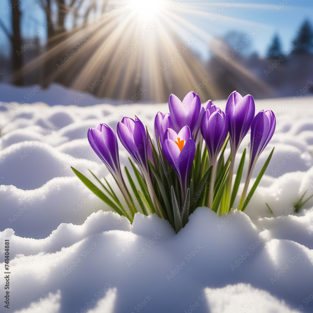 Crocuses and snowdrops on a background of snow