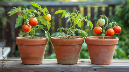 Three potted tomato plants in terracotta pots on a wood surface. Home garden. Gardening, planting, homegrown concept. photo