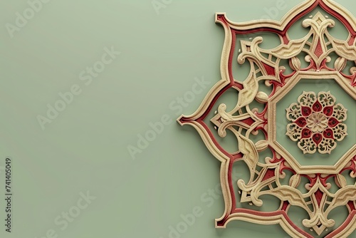 burgundy and beige islamic octagonal ornament with curved pattern on light green background
