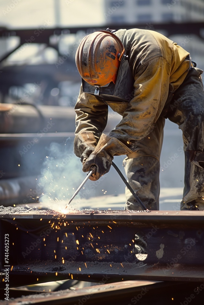 welder at work cutting a steal beam at a construction site welder at work cutting a steal beam at a construction site
