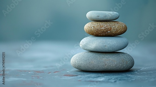 Balance and Harmony A Stack of Pebbles Resting Against a Vibrant Blue Background