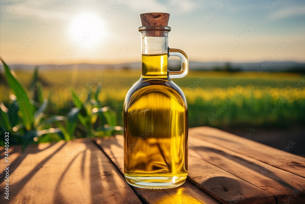 Sunflower oil on wooden table with sunflowers, blue sky, and copy space for text Sunflower oil on wooden table with sunflowers, blue sky, and copy space for text