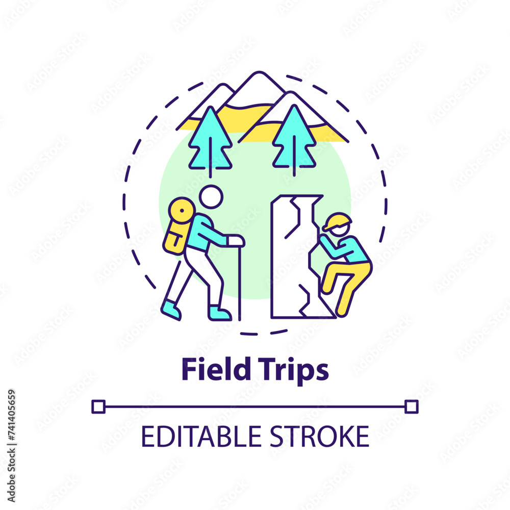 Field trips multi color concept icon. Experiential learning. Interaction with nature. Round shape line illustration. Abstract idea. Graphic design. Easy to use in presentation