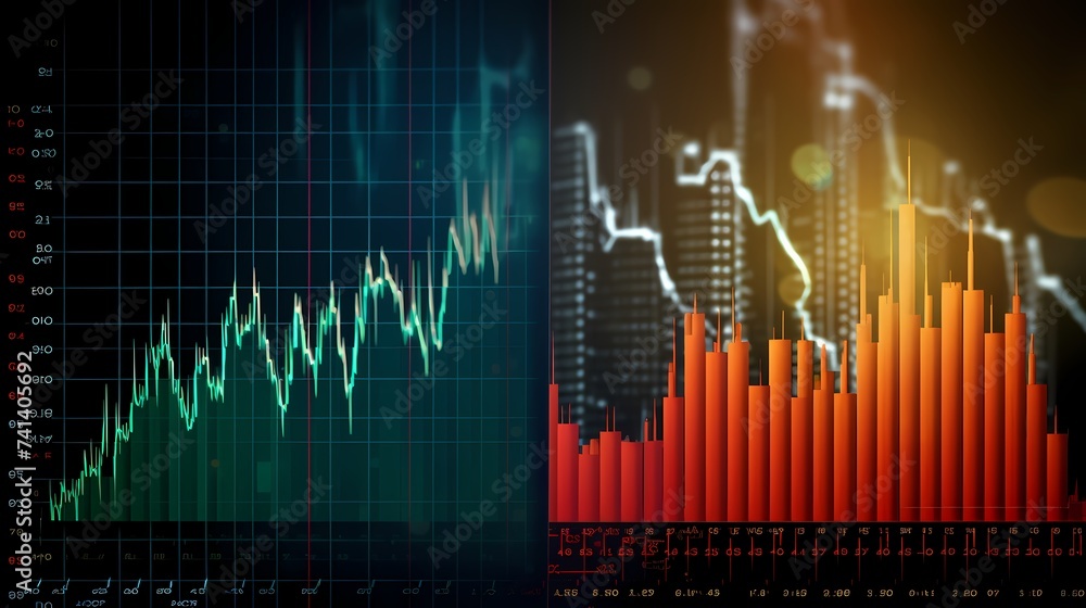 A split-screen image contrasting a rising stock graph on one side with a declining graph on the other, portraying market shifts.
