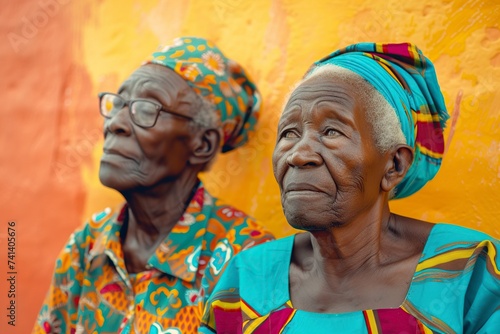 elderly couple posing in front of the camera with bright colors