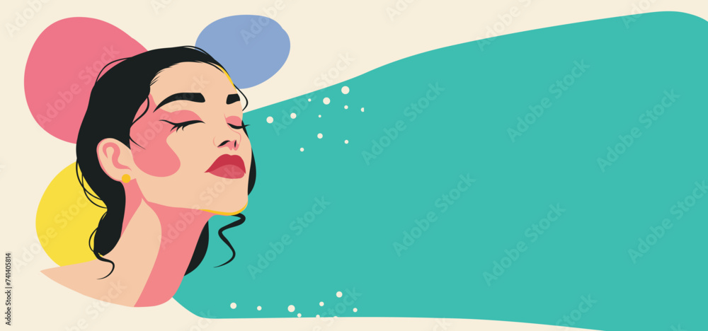 Vector abstract memphis banner poster place for text portrait of a woman for women's day. Movements for gender equality and women's empowerment Vector abstract memphis banner poster place for text portrait of a woman for women's day. Movements for gender equality and women's empowerment