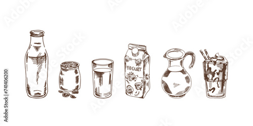 A set of hand-drawn sketches of milk drinks. Vector illustration in vintage style. Beverages. Good for the menu..