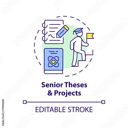 Senior theses and projects multi color concept icon. Comprehensive projects. Round shape line illustration. Abstract idea. Graphic design. Easy to use in presentation