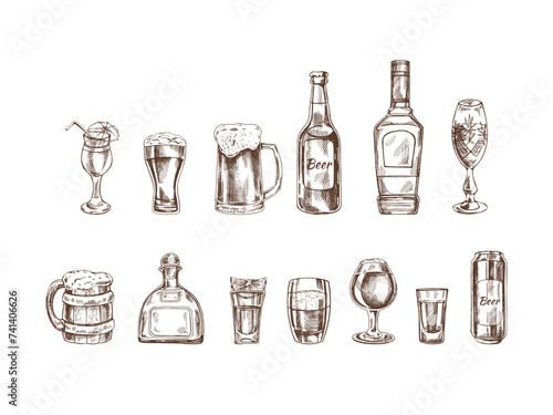 A set of hand-drawn sketches of alcohol drinks. Vector illustration in vintage style. Beverages. Good for the menu..