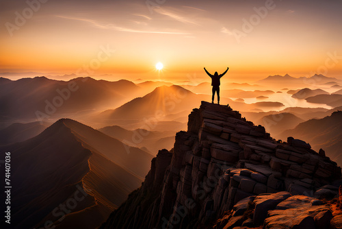 The silhouette of a man on top of a mountain at sunset, the concept of freedom