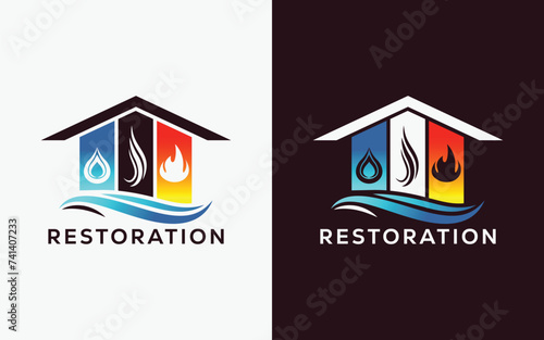 Minimalist Restoration company vector logo for Fire Flame , drop and smoke. Modern colorful Fire Flame , drop and smoke vector logo. water, smoke, Crest, ingle logo