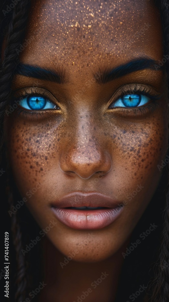 Beautiful African Woman with Blue Eyes and Freckles on Her Face, Portrait of Diversity and Natural Beauty