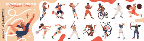 Set of 14 images of athletes. Summer Olympic sports. Strong people achieving success. Vector illustration in flat style isolated on transparent background.