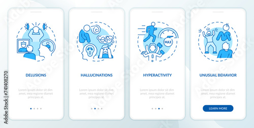 Schizophrenia positive symptoms blue onboarding mobile app screen. Walkthrough 4 steps editable graphic instructions with linear concepts. UI, UX, GUI template. Myriad Pro-Bold, Regular fonts used