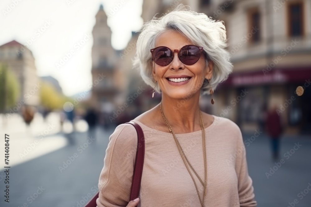 Portrait of happy senior woman in sunglasses walking on the street.