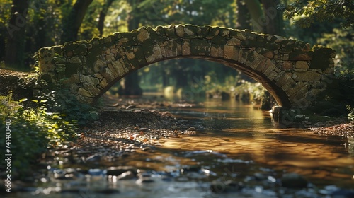Dusk light casting shadows on an old stone bridge over a gentle stream