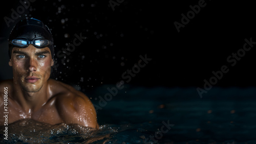 Male swimmer training in the pool at night