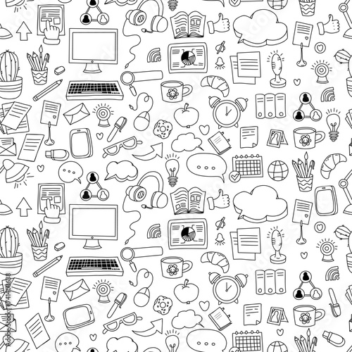 Business seamless pattern. Communications and technology, freelance work hand drawn on white background. Vector illustration in doodle style.