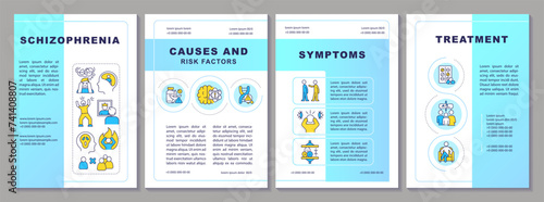 Schizophrenia blue brochure template. Mental issues, genetic illness. Leaflet design with linear icons. Editable 4 vector layouts for presentation, annual reports. Arial, Myriad Pro-Regular fonts used