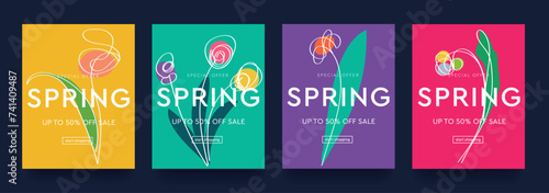 Spring Flower for Mother's day with Lines Continuous. Modern Abstract Background Patterns for Advertising, Web, Social Media, Poster, Banner, Cover. Season Discount Offer 50%. Vector Illustration