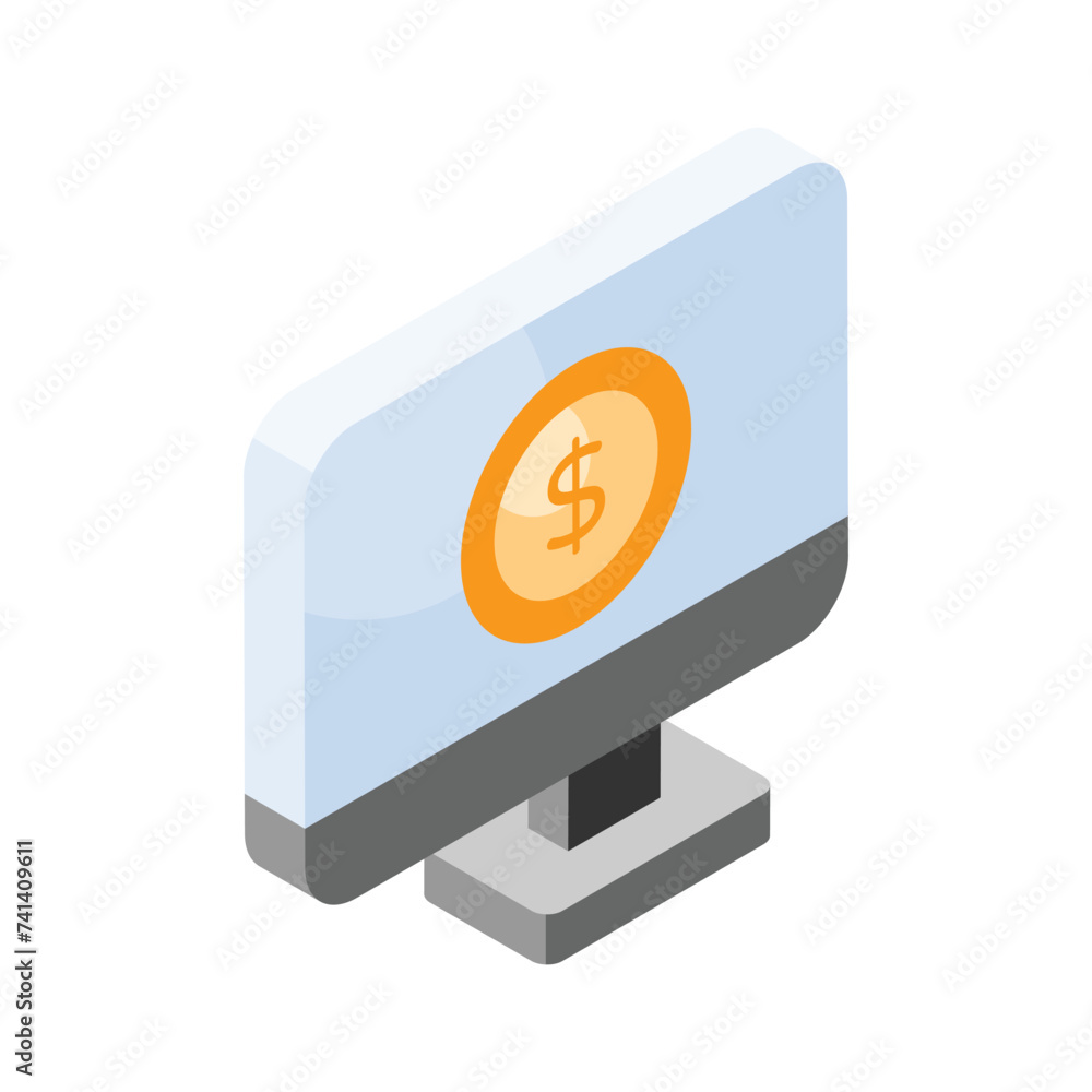 Pay per click, dollar coin inside monitor, Ppc or cost per click vector Pay per click, dollar coin inside monitor, Ppc or cost per click vector