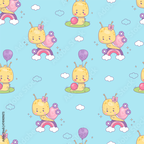 Seamless pattern with cute snail character. Funny kawaii insect on rainbow with balloon on blue background with clouds. Vector illustration in trendy retro style. Kids collection