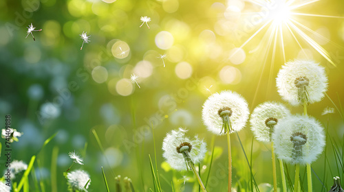 Fluffy dandelions sway gently in the grass, illuminated by the warm sunlight