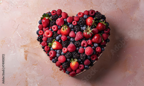 A heart shaped berries and strawberry cake / pie seen from above wallpaper, on a pink pastel background, kitchen or bakery image backdrop with copy space 