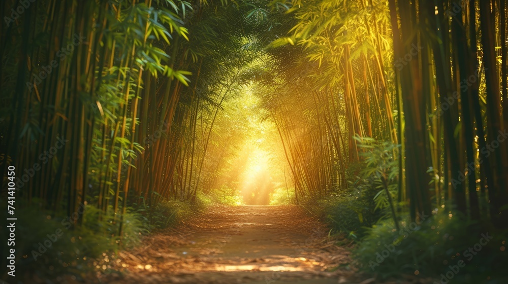 Fototapeta premium Sunlight filtering through a dense bamboo forest, path leading within