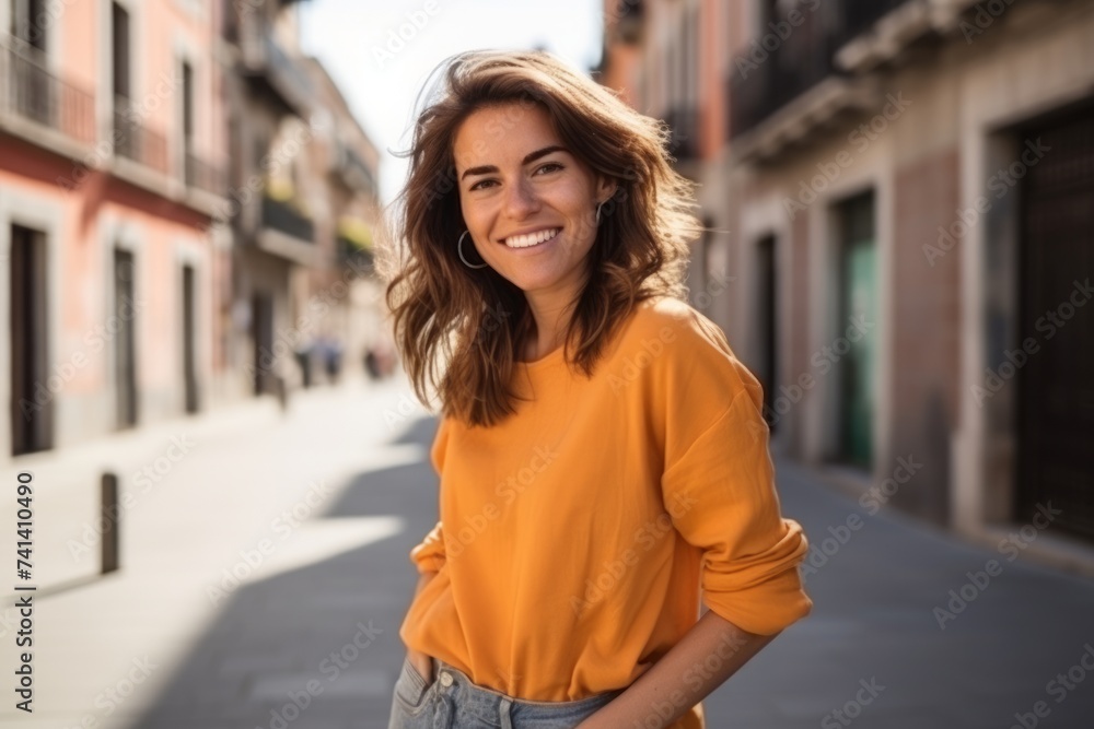 Portrait of a beautiful young woman smiling at the camera in the city