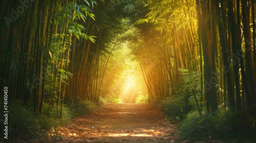 Sunlight filtering through a dense bamboo forest, path leading within photo