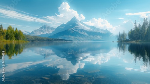 Reflection of a grand mountain in the glassy surface of a calm lake