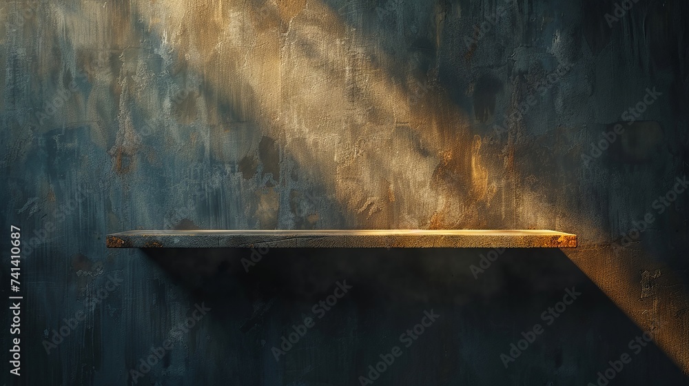 Simplistic elegance of a solitary shelf against a textured wall Simplistic elegance of a solitary shelf against a textured wall