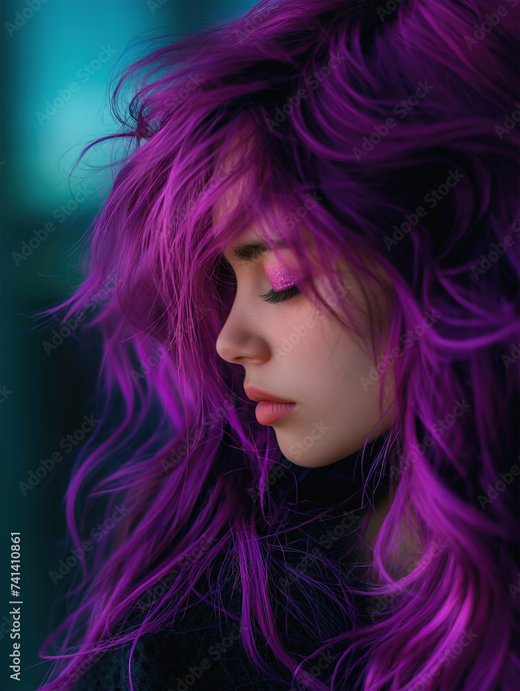 Portrait of a young woman with purple hair.