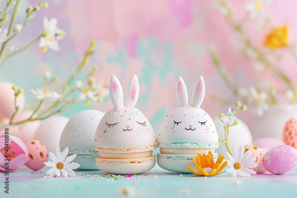 artistic pastel background with spring Easter macaroons, flowers and Easter bunny artistic pastel background with spring Easter macaroons, flowers and Easter bunny