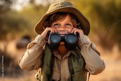 Little explorer boy with binoculars on safari in the countryside