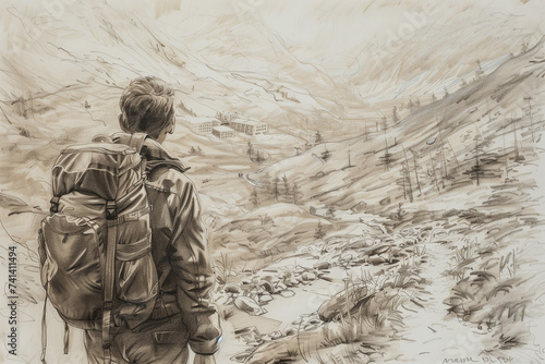 Adventurous Hiker Looking Over a Serene Mountain Valley, Ideal for Travel and Exploration Themes