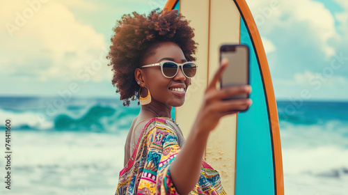 Young smiling African American woman with a surfboard takes a selfie on a mobile phone at the beach by the ocean. Beach lifestyle © Anna Zhuk