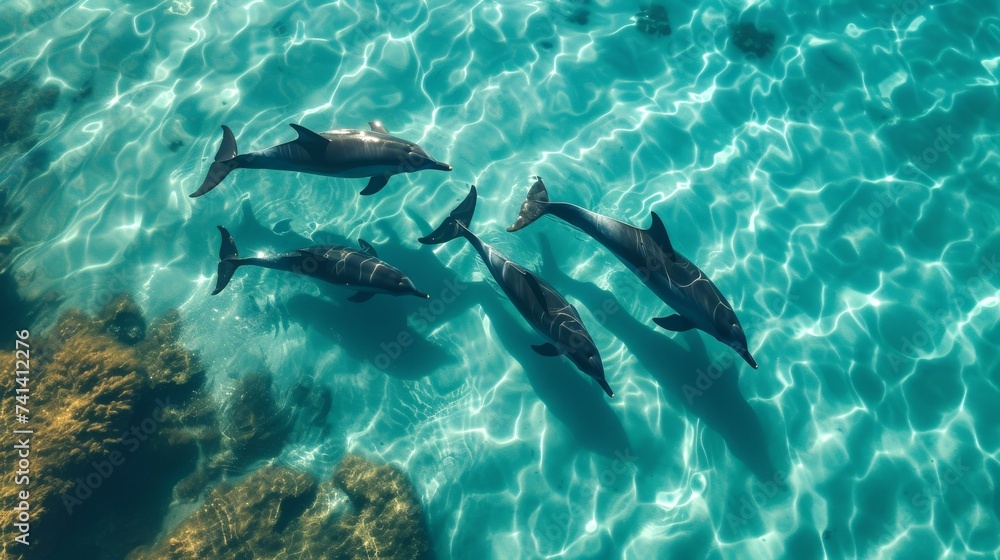 Obraz premium Top view of four dolphins swimming gracefully through turquoise waters