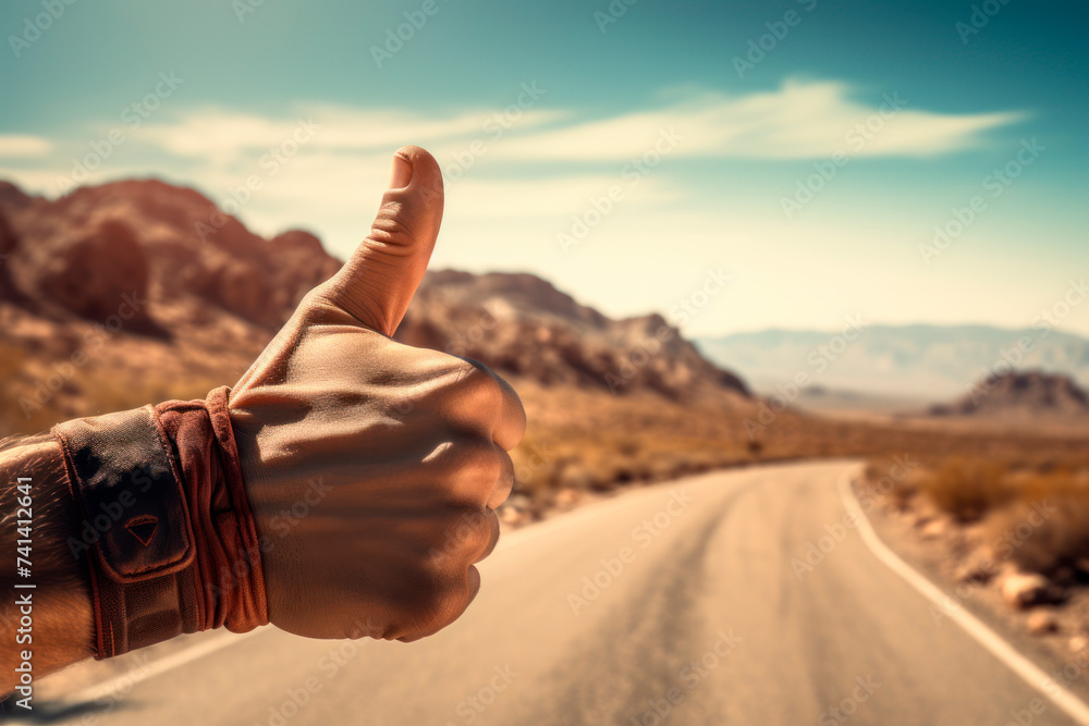 Φωτογραφία Male hand with thumb up, hitchhiking on the background of the road