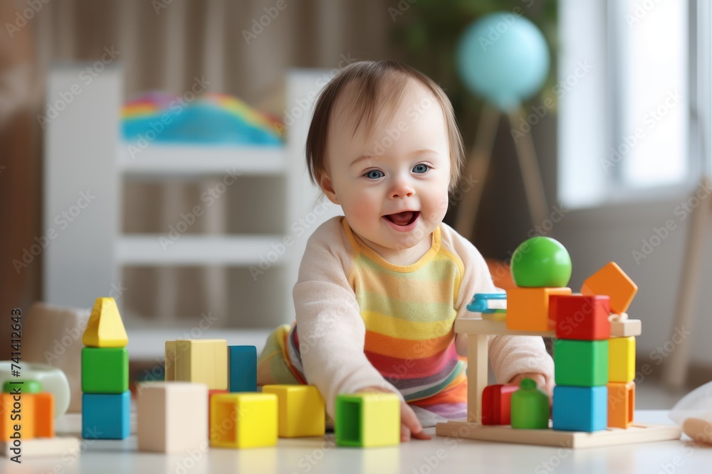 child with down syndrome plays with educational toys and smiles
