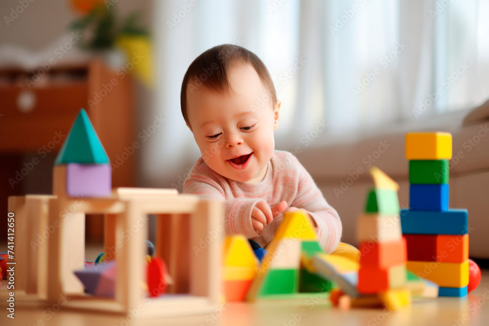 child with down syndrome plays with educational toys and smiles child with down syndrome plays with educational toys and smiles
