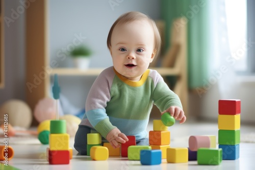 child with down syndrome plays with educational toys and smiles