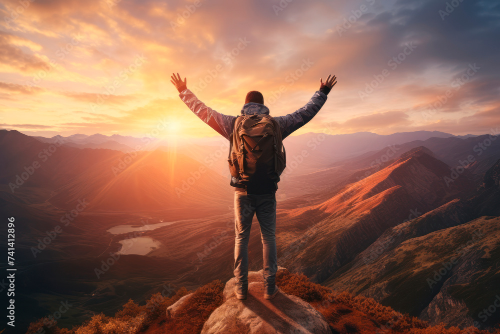 A young male tourist with a large backpack with outstretched arms looks at the sunset in the mountains