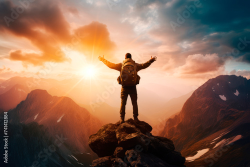 A young male tourist with a large backpack with outstretched arms looks at the sunset in the mountains