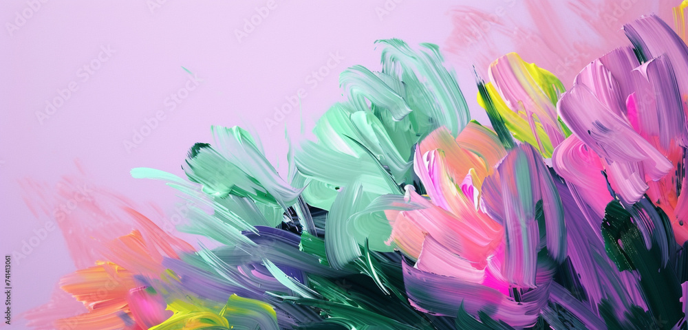 Abstract expressionist brush strokes in a riot of spring greens and pinks against a dusky purple canvas - obrazy, fototapety, plakaty 