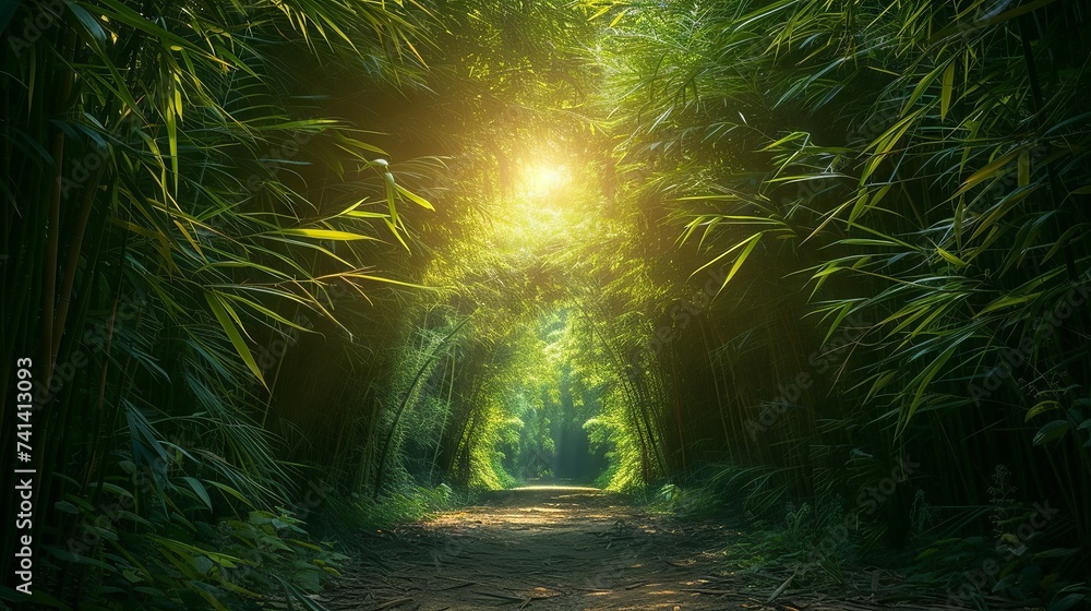 Sunlight filtering through a dense bamboo forest, path leading within