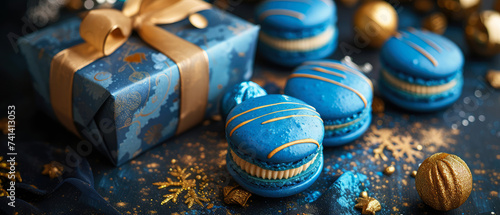 Blue macarons in gift box on blue background with golden decoration. Pastry food mockup.Spring women smock up. Layout  flat lay. Generative ai
